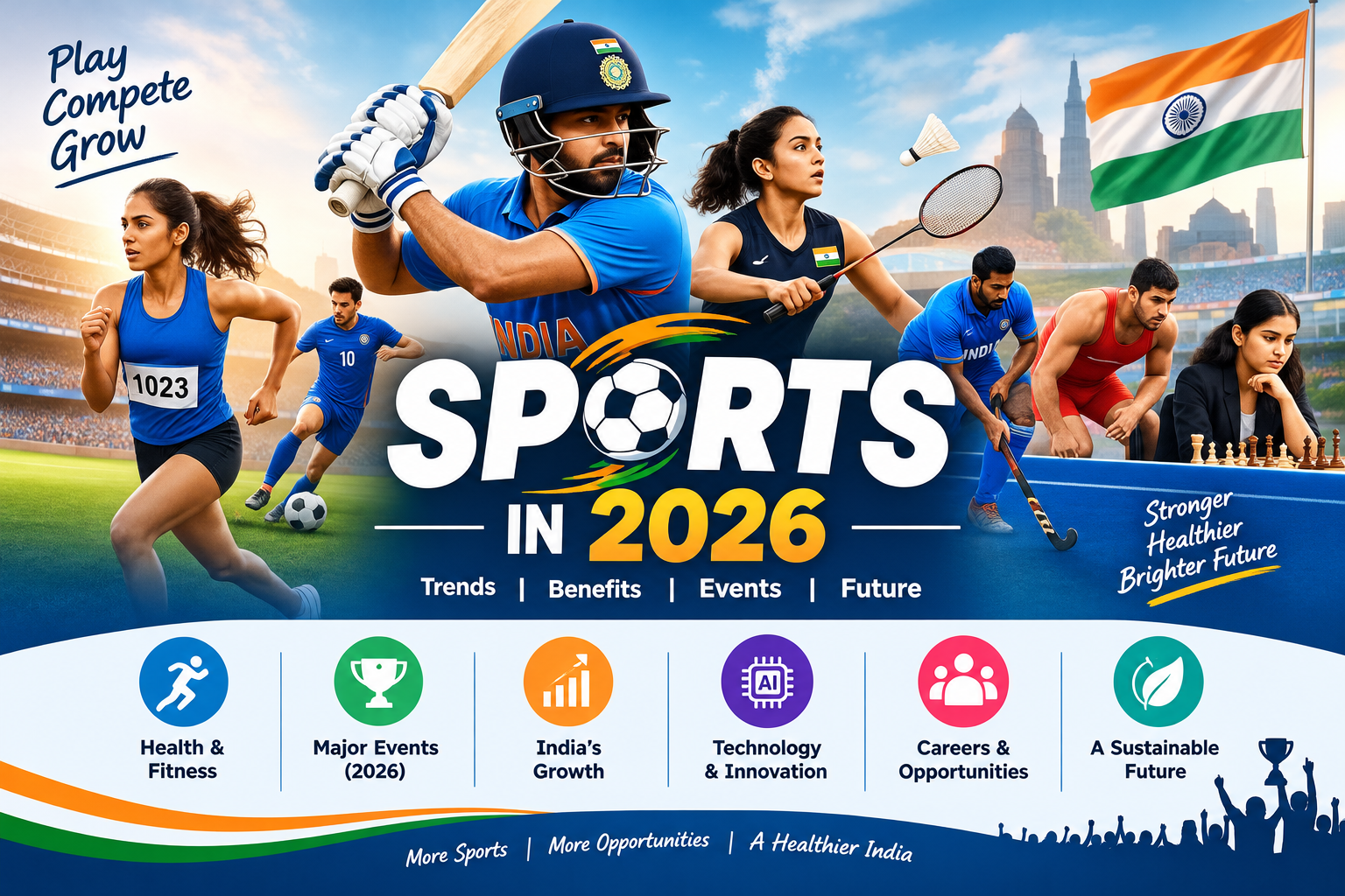 Sports in 2026 featuring Indian athletes in cricket, football, badminton, hockey, athletics, wrestling and chess, highlighting fitness, major events, technology, careers and sports growth.